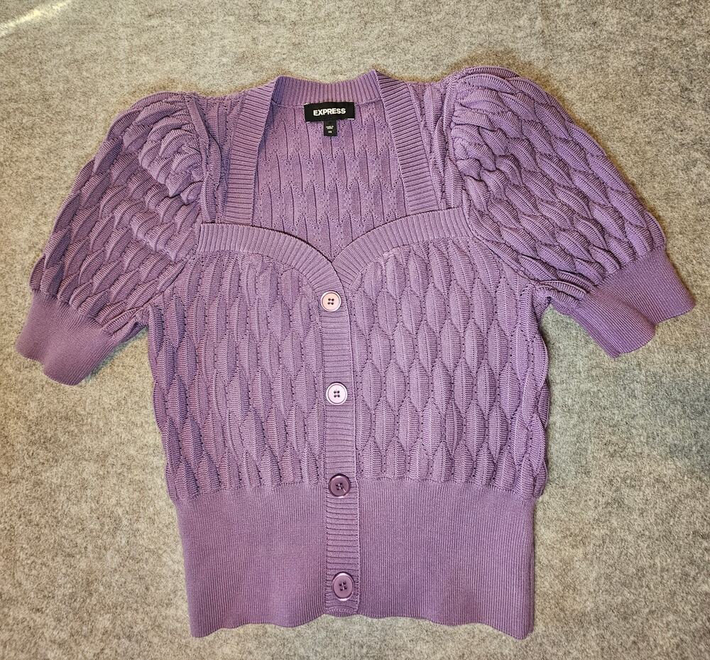 Express XS Knit Puff Short Sleeve Sweetheart Neckline Cardigan